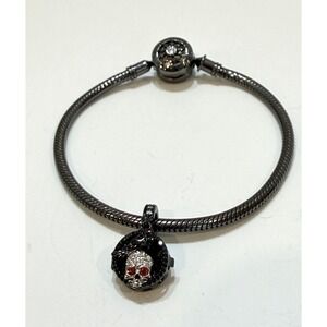 Gnoce 925 Skull Raven Locket Charm Bracelet Gothic Biker CZ Black Sterling 17g
